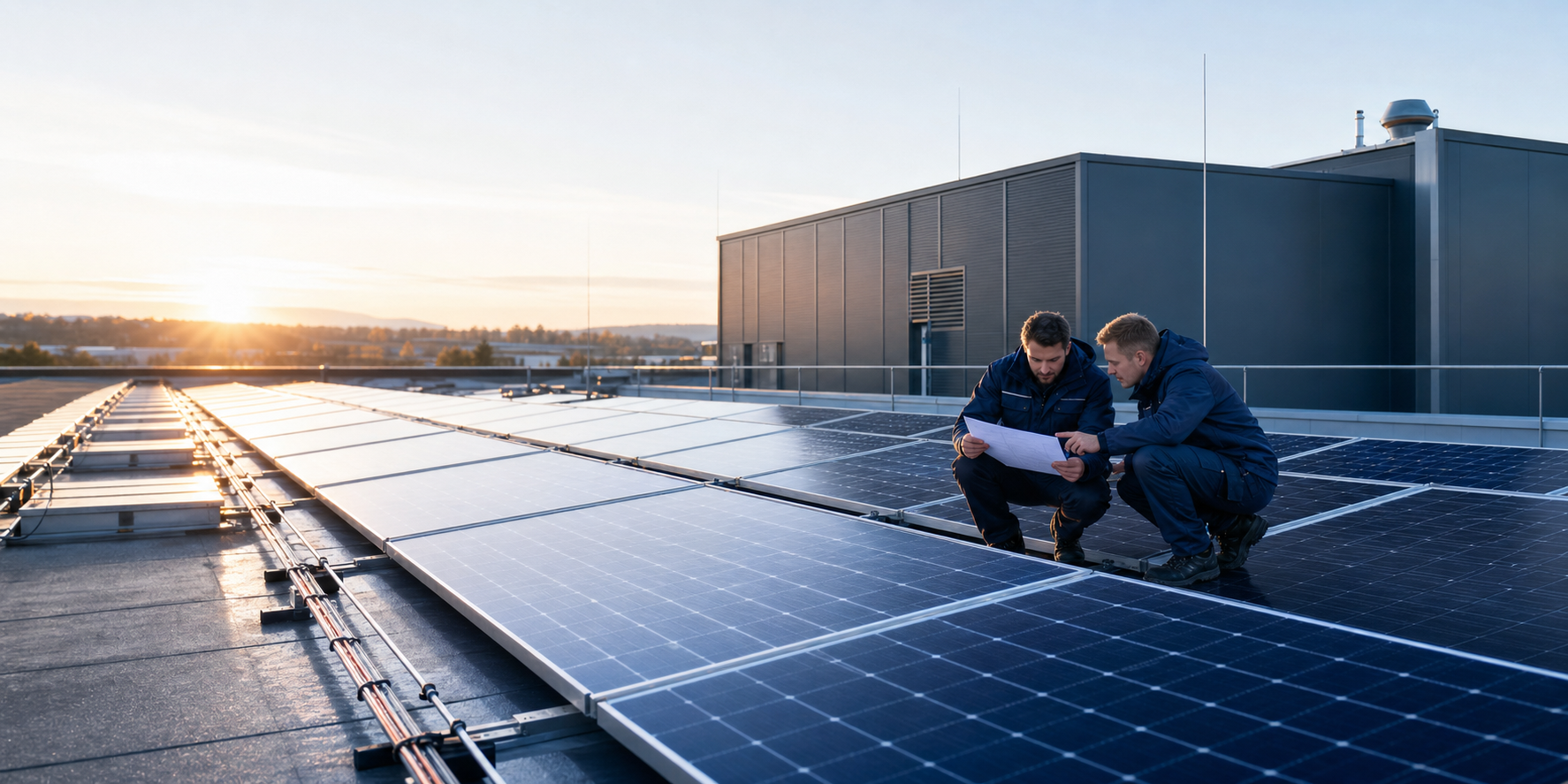 Elektrona Fachkräfte prüfen eine gewerbliche Photovoltaikanlage