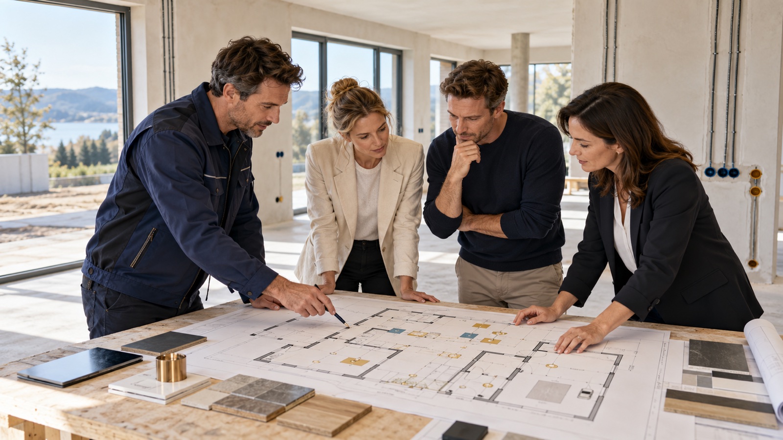Elektroplaner, Architektin und Bauherren besprechen in einem modernen Neubau einen Grundriss mit Steckdosen-, Licht-, Netzwerk- und Energiesystemplanung