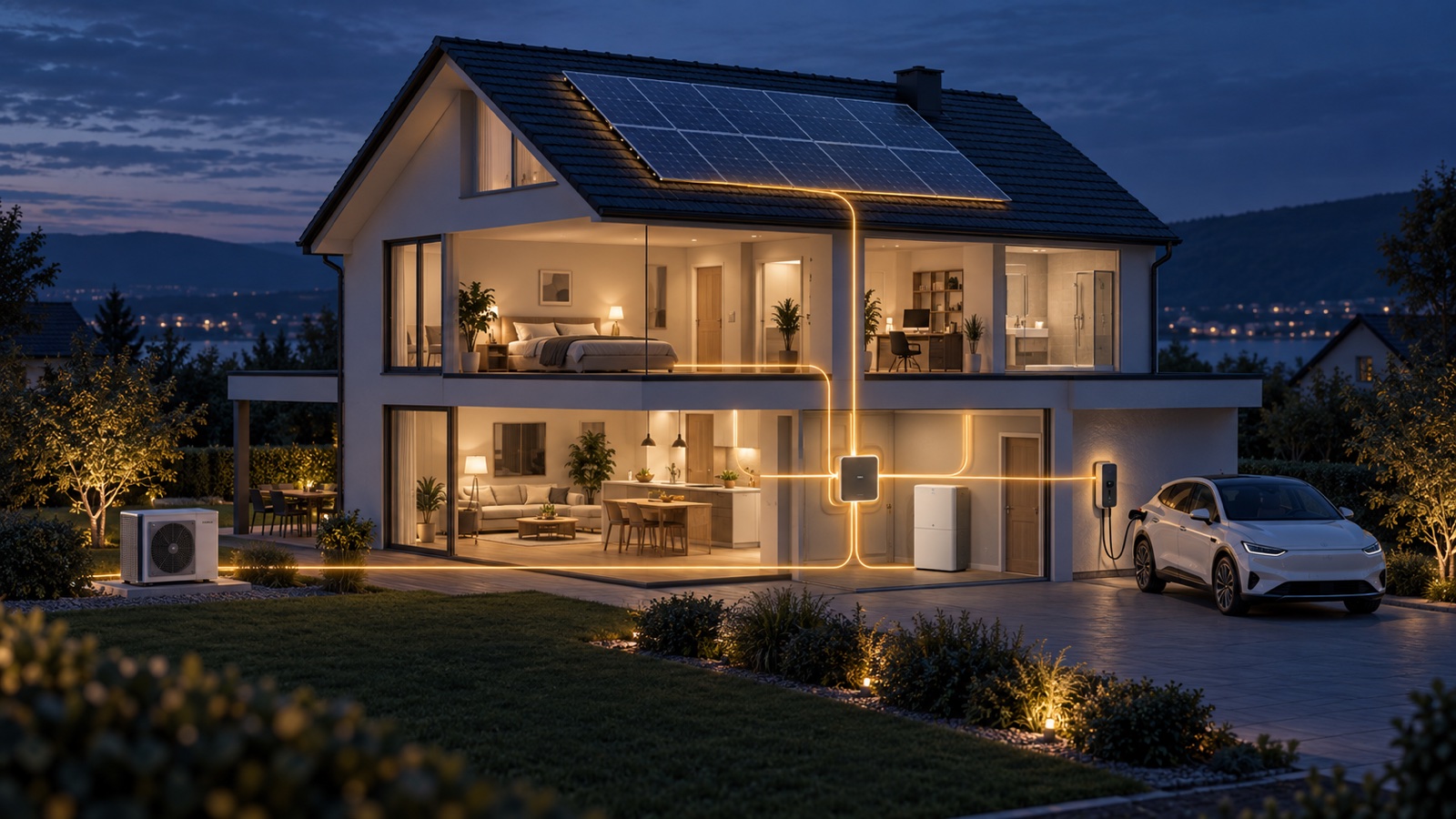 Illustration eines Hauses, in dem Photovoltaik, Batteriespeicher, Wärmepumpe und Wallbox über ein Energiemanagement verbunden sind