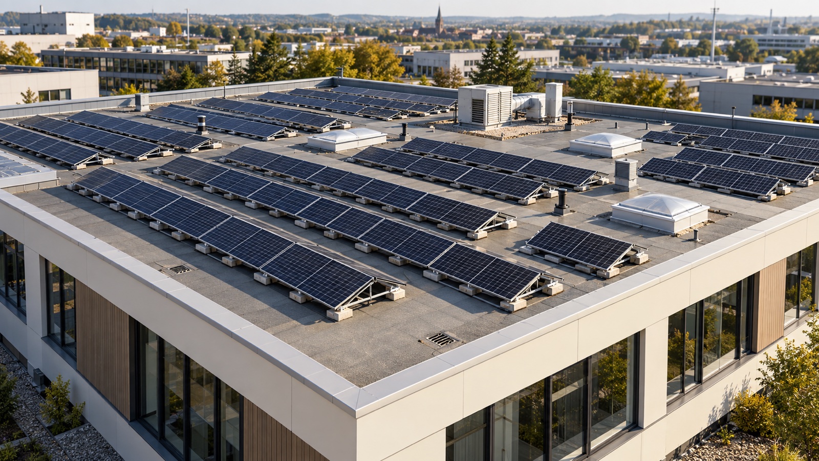 Aufgeständerte Photovoltaikmodule auf einem Flachdach mit freien Wartungswegen, zugänglichen Dachabläufen und Abstand zu Oberlichtern und Lüftungsgeräten