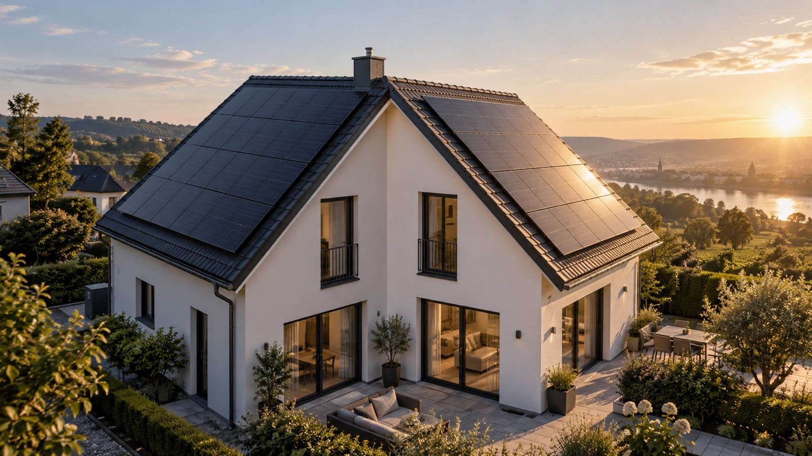 Modernes Wohnhaus mit Photovoltaikmodulen auf beiden gegenüberliegenden Seiten eines Ost-West-Satteldachs im Morgenlicht