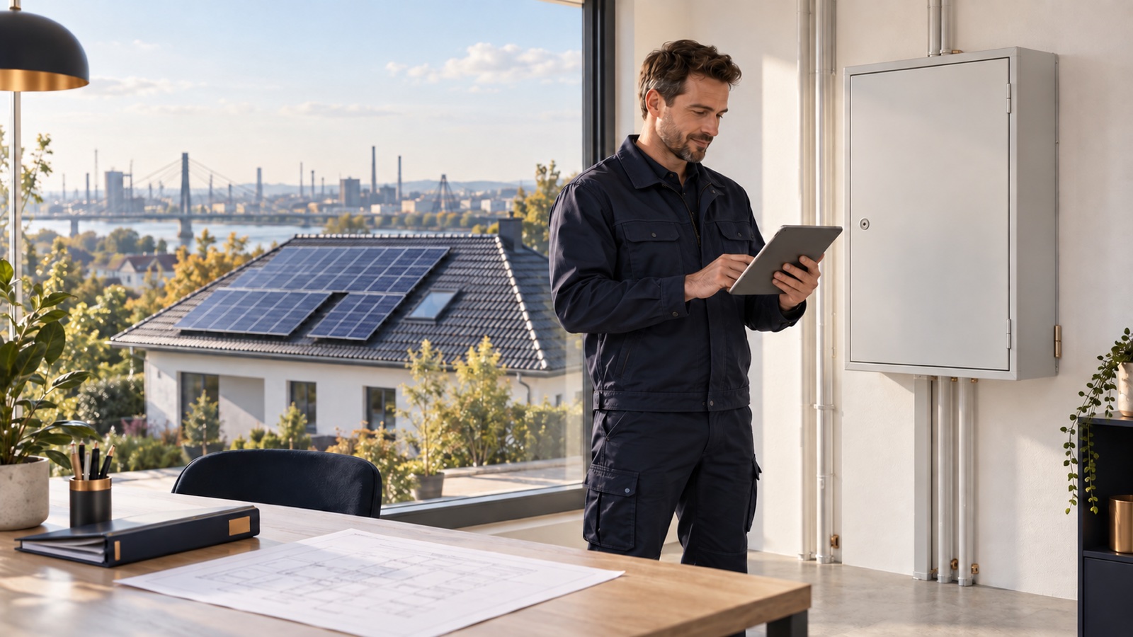 Elektrofachkraft prüft an einem Tablet die Unterlagen einer Photovoltaikanlage mit geschlossenem Zählerschrank und Duisburger Stadtkulisse