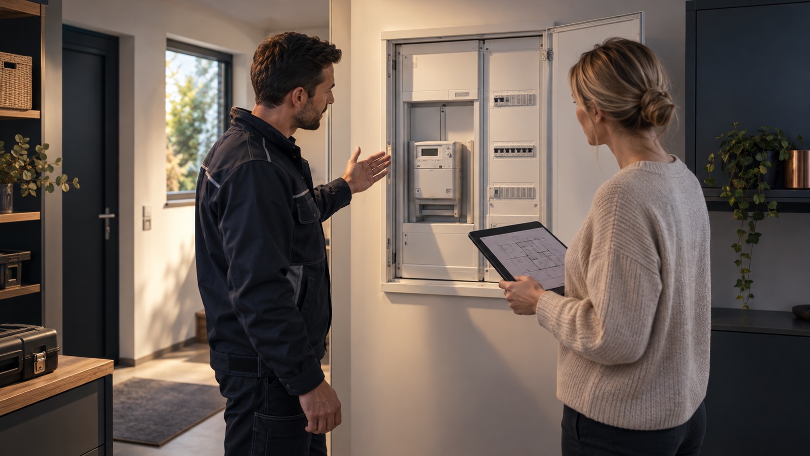 Elektrofachkraft und Eigentümerin bewerten in einem Technikraum die Modernisierung eines Zählerschranks