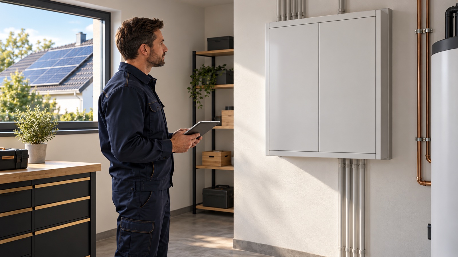 Elektriker prüft einen geschlossenen Zählerschrank, während durch ein Fenster eine Photovoltaikanlage sichtbar ist